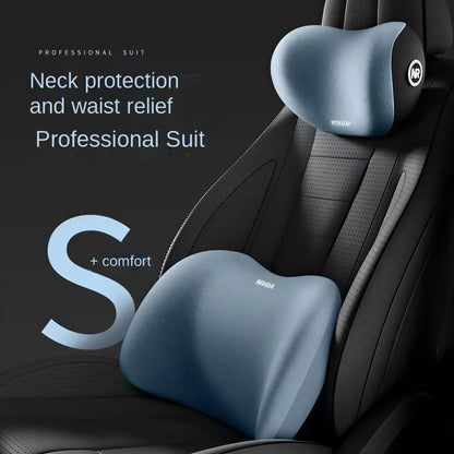 Zora memory foam car headrest and lumbar cushion set with ergonomic support, designed for comfort during drives.