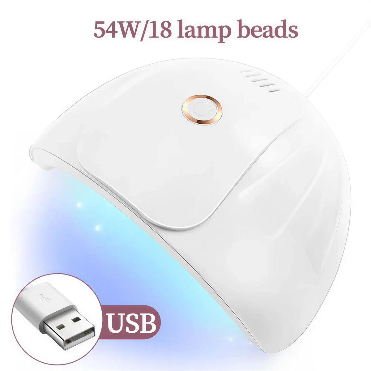 Zora LED Gel Nail Curing Lamp on a countertop, compact nail care device with multiple UV/LED light settings for gel nails