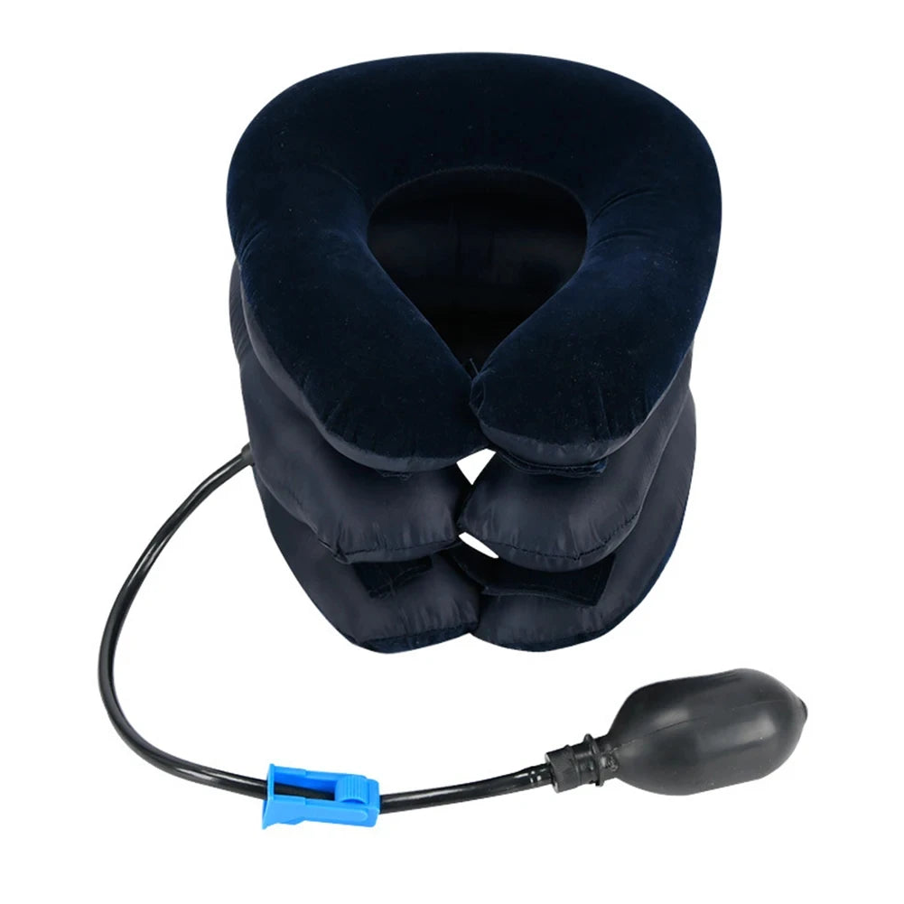 Zora inflatable neck support pillow with adjustable straps, designed for travel comfort and neck relaxation.