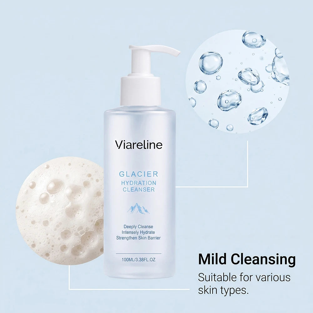 Zora Glacier Hydration Facial Cleanser bottle with label, gentle deep pore cleansing skincare product on a white background