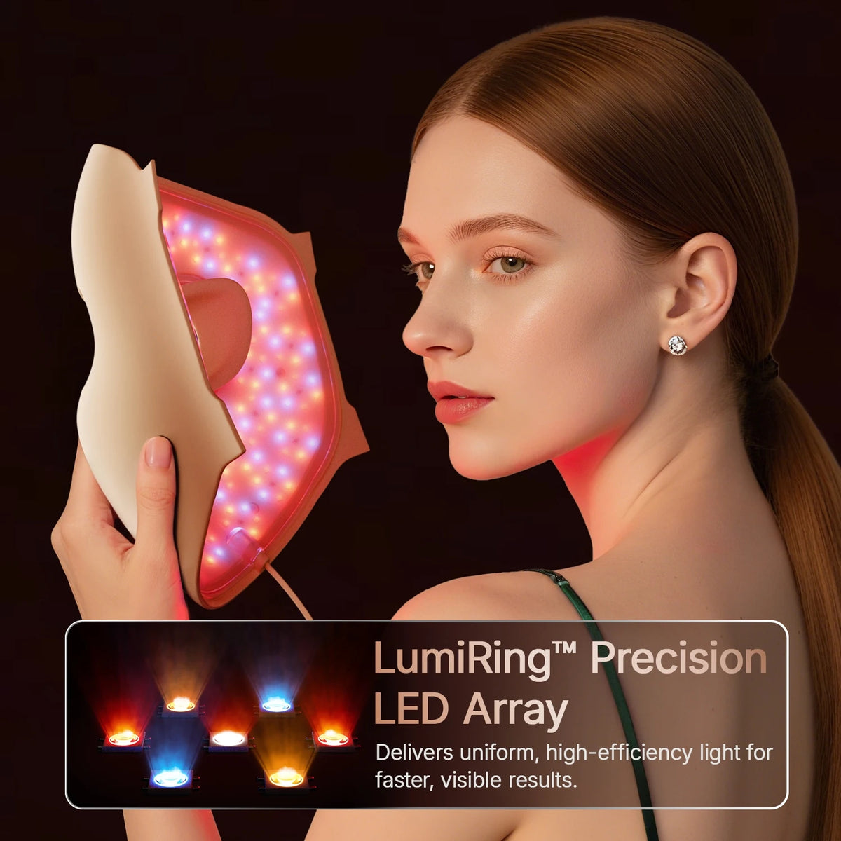 Zora M300 LED face mask for light therapy, featuring multiple LED panels and adjustable straps for skin treatment.