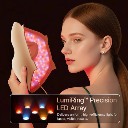 Zora M300 LED face mask for light therapy, featuring multiple LED panels and adjustable straps for skin treatment.
