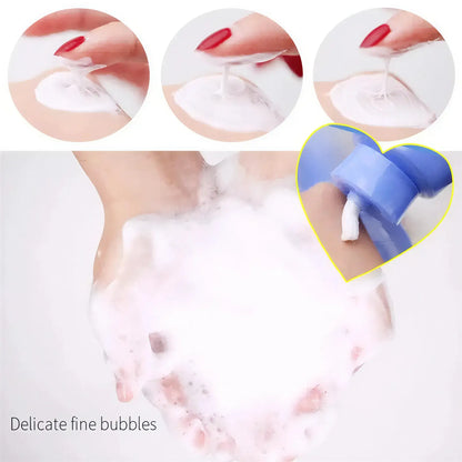 Zora Hyaluronic Acid Foaming Facial Cleanser for skincare, showing the frothy, gentle foam texture in a clean bottle.