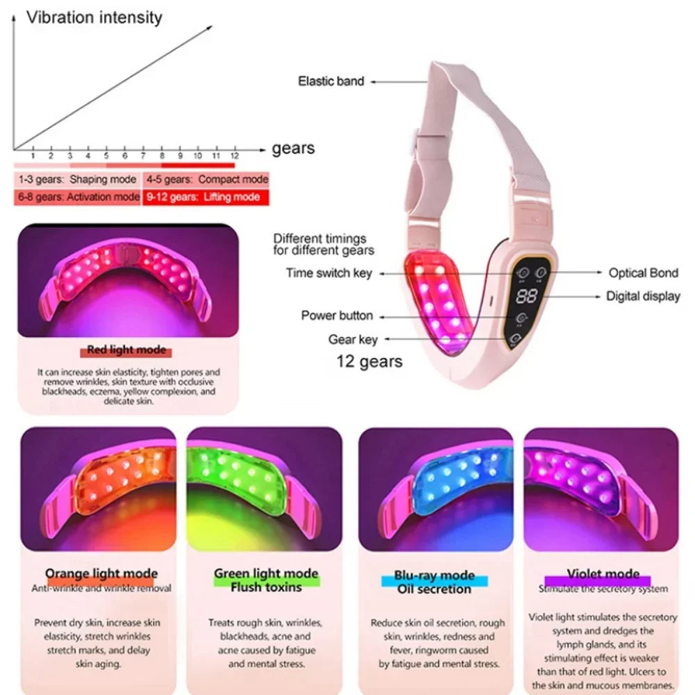 Zora LED facial massage belt with light therapy, showing the black and silver device designed for skincare and facial rejuvenation.