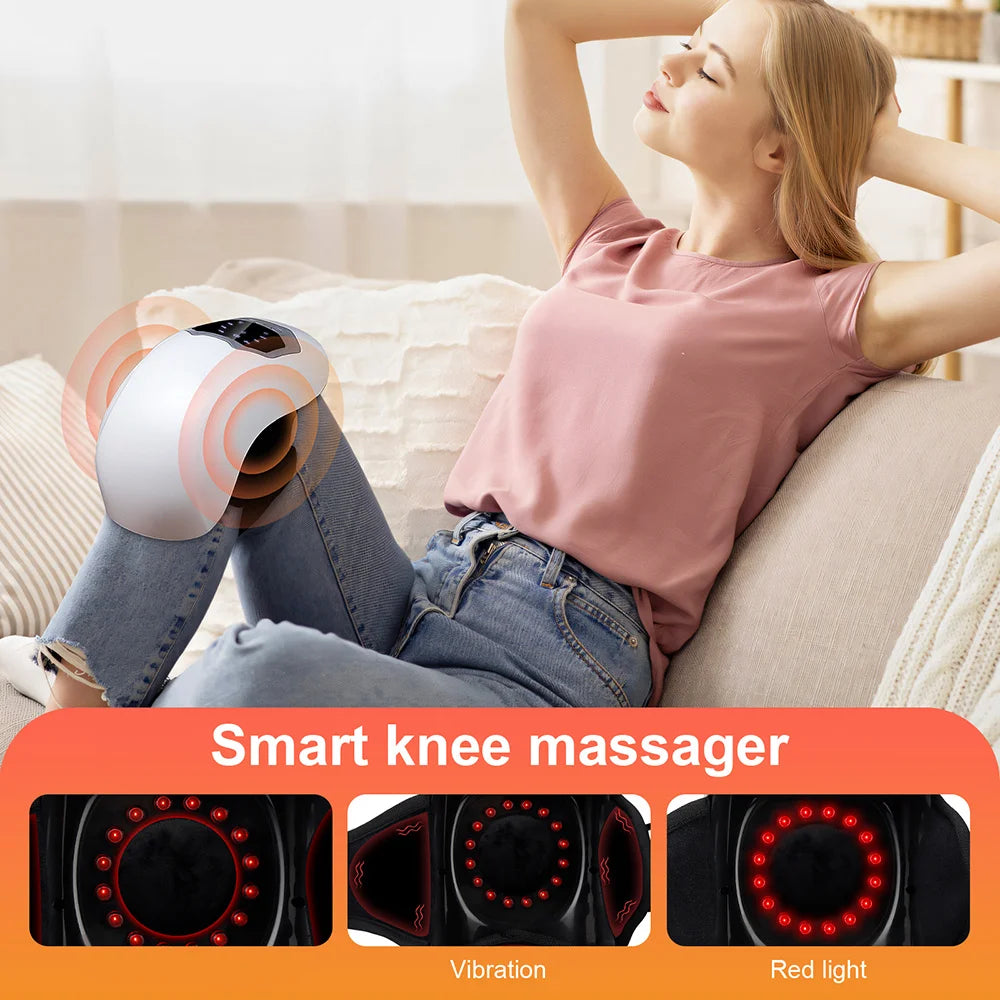 Zora cordless knee massager with heat, compression, and vibration features, showcasing a black device on a person's knee.