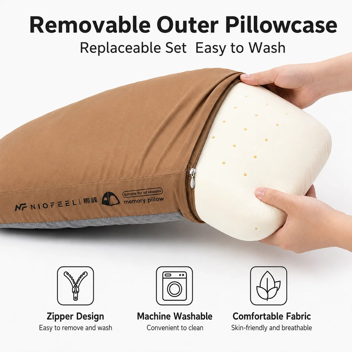 Zora portable memory foam travel neck pillow in a neutral color, designed for comfortable support during travel.