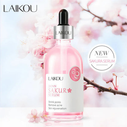 Zora Rose & Sakura Essence Serum in a clear glass bottle, hydrating face serum with floral ingredients for radiant skin