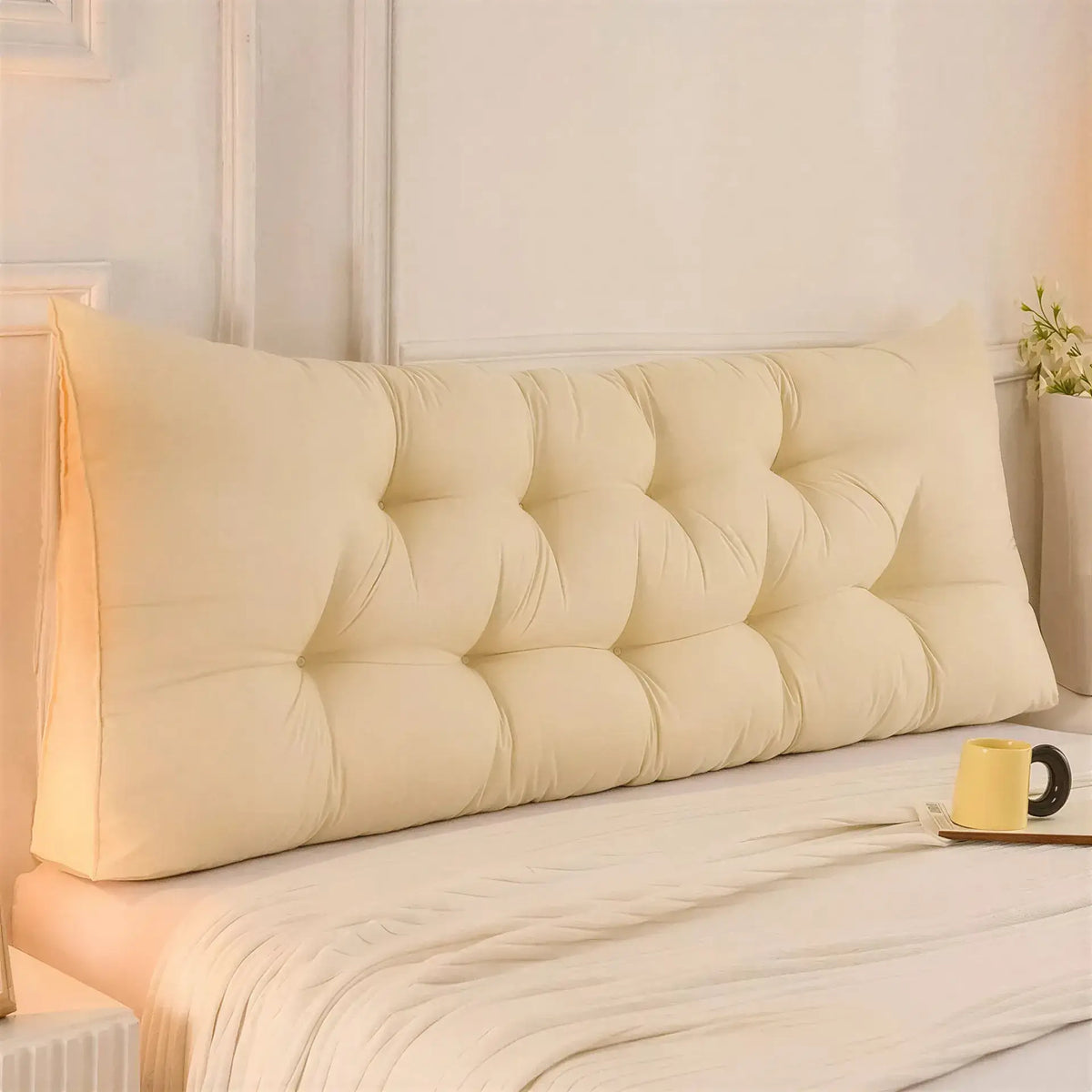 Zora Triangular Wedge Headboard Cushion for bed and sofa comfort, soft fabric with beige color and plush filling.